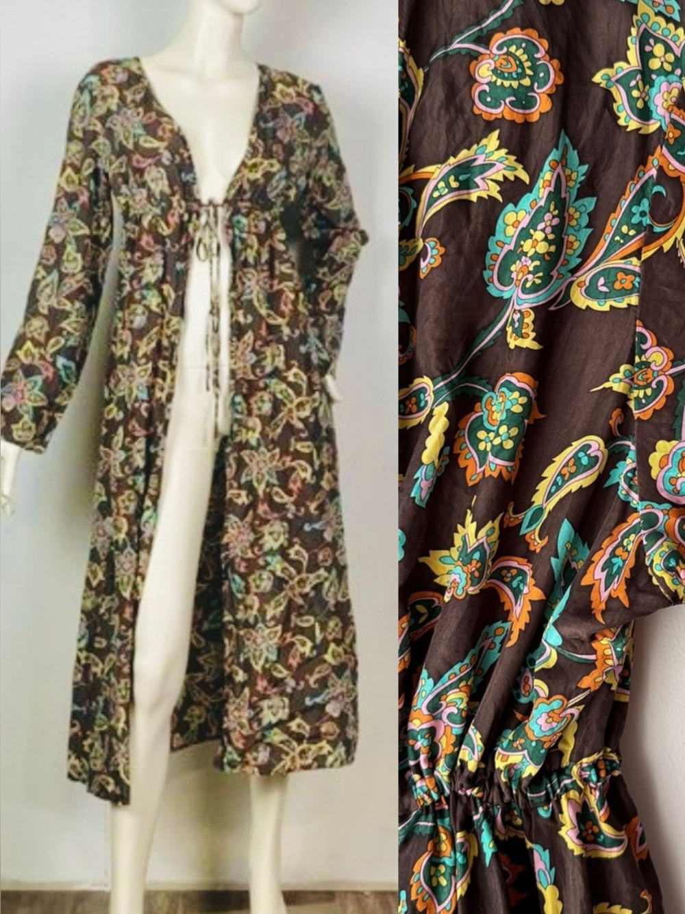 Moda International 100% Silk Kimono Brown Paisley